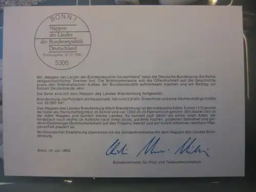 Ministerkarte, Klappkarte klein, Typ V,
 Wappen Brandenburg 1992 mit Unterschrift Minister Schwarz-Schilling