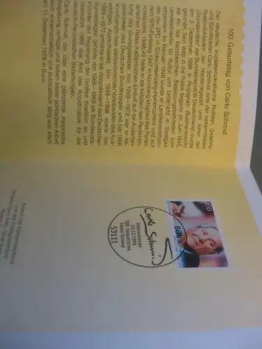 Klappkarte der GD Post, Faltkarte Typ DP1, Carlo Schmid,  1996 mit Faksimile-Unterschrift Klaus Zumwinkel ; Nachfolgekarten der Ministerkarten Typ V