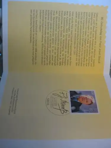 Klappkarte der GD Post, Faltkarte Typ DP1, Strauß 1995 mit Faksimile-Unterschrift Klaus Zumwinkel ; Nachfolgekarten der Ministerkarten Typ V