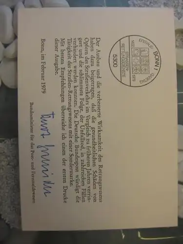 Ministerkarte, Klappkarte klein, Typ V,
 Straßen-Rettungsdienste, 1979 mit Faksimile-Unterschrift des Ministers Kurt Gscheidle