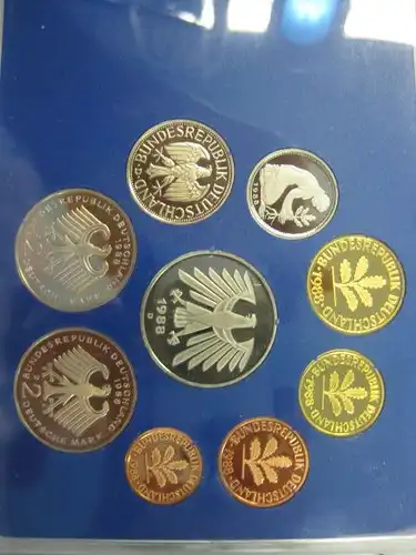 DM Kursmünzensatz, 1988, Münzstätte München,D, Polierte Platte, Proof, Spiegelglanz, PP