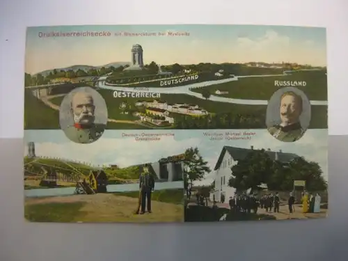Myslowitz, Dreikaiserreichsecke, Mehrbildkarte von 1915, mit Bismarckturm