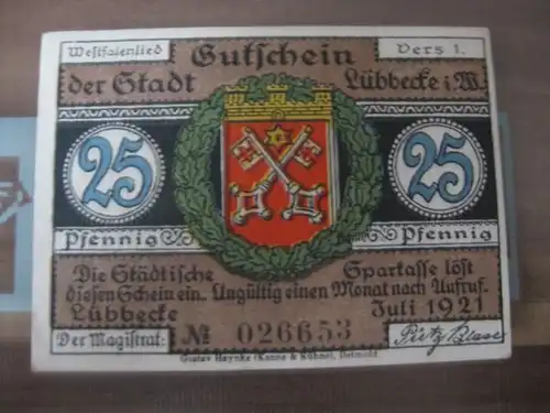 Notgeld Lübbecke i. W., 25 Pf.