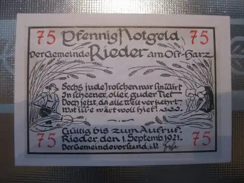 Notgeld Rieder, 75 Pf.