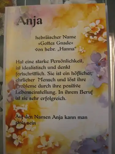Anja,  Namenskarte, Geburtstagskarte, Glückwunschkarte, Personalisierte Karte


