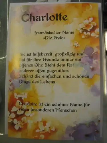 Charlotte,  Namenskarte, Geburtstagskarte, Glückwunschkarte, Personalisierte Karte

