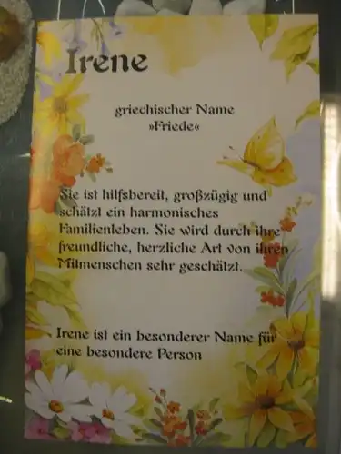 Irene, Namenskarte, Geburtstagskarte, Glückwunschkarte, Personalisierte Karte

