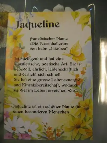 Jaqueline, Namenskarte, Geburtstagskarte, Glückwunschkarte, Personalisierte Karte

