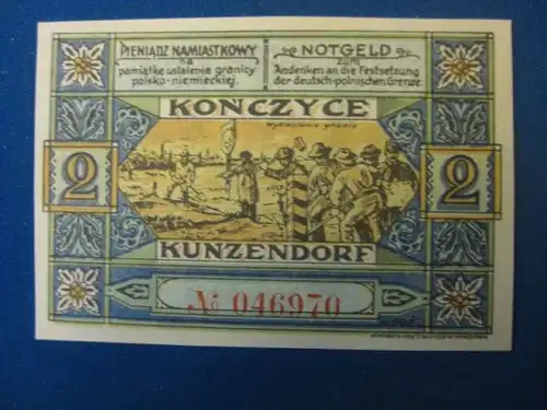 Notgeld  2 Mark der Stadt Kunzendorf, Konczyce