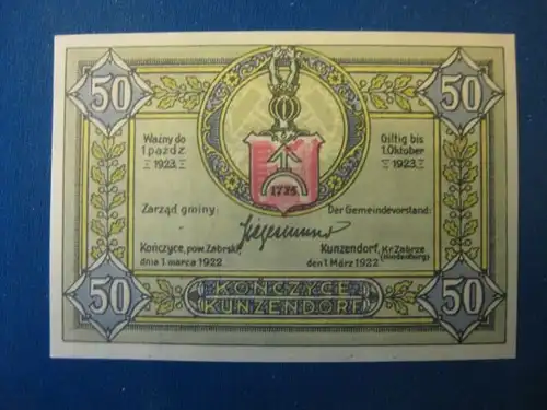 Notgeld  50 Pf. der Stadt Kunzendorf, Konczyce