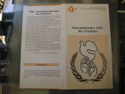 Belgien, Ankündigungsblatt, Ersttagsblatt, Intern. Jahr des Friedens, 1986