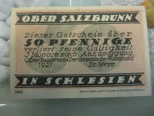 Notgeld, Gutschein 50 Pf. der Ober Salzbrunn in Schlesien