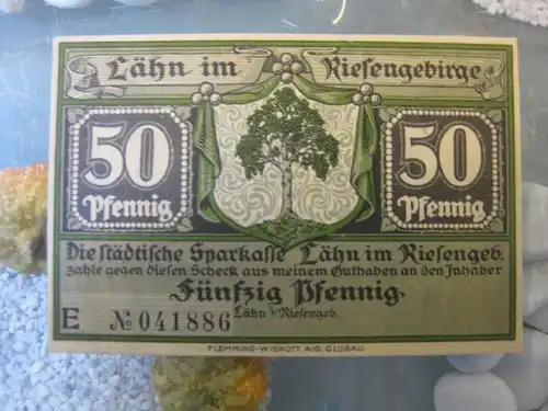 Notgeld, Gutschein  50 Pf. der Stadt Lähn im Riesengebirge