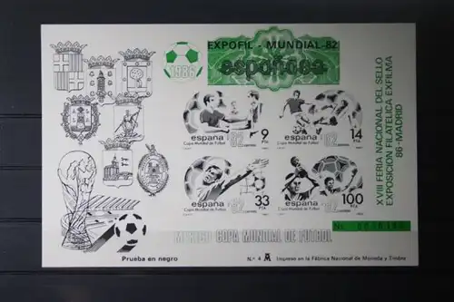 Spanien, Offizieller Schwarzdruckblock/Gedenkblock  zur EXPOFIL-Weltausstellung und Fußball-WM 1982