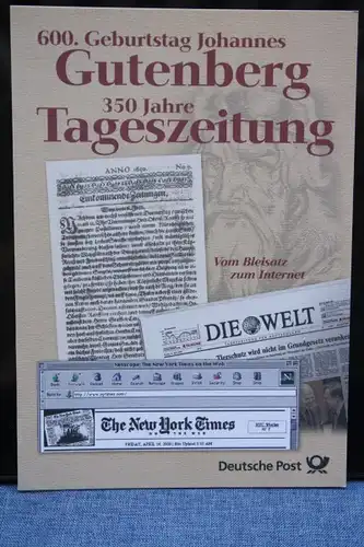 Erinnerungsblatt EB 1/2000; Gedenkblatt; 350 Jahre Tageszeitungen/Geburtstag Johannes Gutenberg