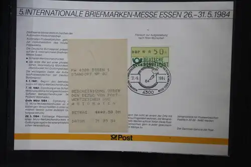 Erinnerungsblatt, Stempelkarte der Deutsche Post ; Messe Essen 1984