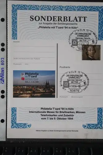 Sonderblatt zur Sonderganzsache Philatelia mit Tcard 94 Köln