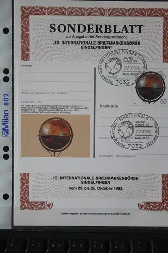 Sonderblatt zur Sonderganzsache 10. Intern. Briefmarkenbörse \'\'92 Sindelfingen