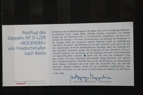 Zeppelin NT; Berlin-Flug zur ILA 2002 mit Luftschiff D-LZZR am 2. Mai 2002; mit Bordsigelmarke und Bordstempel