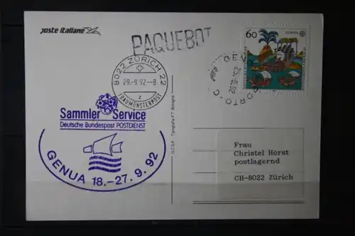 Ausstellungskarte der Italienischen Post zur Genova 92 mit Ausstellungsstempel Sammler Service POSTDIENST; Stempel Genua Hafen; Paquebot