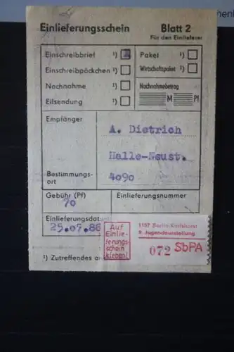 Einschreibebeleg 9. Jugendausstellung B.-Karlshorst 1986