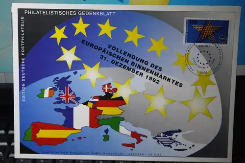EUROPA-UNION-Mitläufer, CEPT-Mitläufer, EUROPA-Symphatieausgabe Bundesrepublok 1992,  Gedenkblatt Europäischer Binnenmarkt