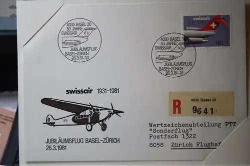 Schweiz, Luftfahrt-Ausgabe der PTT 1981; Leparello-Mappe mit 5 Flugbelegen