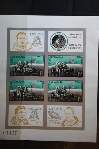Rumänien, Raumfahrt, 1971, Apollo 15, 1971, Kleinbogen mit Zf, ungezähnte / geschnittene  Ausgabe