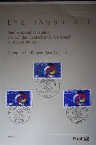Bundesrepublik, Ersttagsblatt Europäische Region Saar-Lor-Lux 1997, Gemeinschaftsausgabe