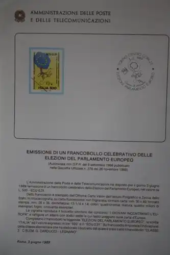 Italien 3. Direktwahl Europa - Parlament 1989; CEPT EUROPA-UNION-Symphatieausgabe; Offizielles Bulletin (früher Ministerblatt)