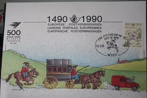 Belgien 500 Jahre Post 1990, Erinnerungskarte, Ausstellungskarte. Stempelkarte, SST Wien