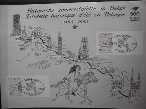 Belgien, Amtl. Gedenkblatt 500 Jahre POST; Sonderstempel Mechelen und Eupen
