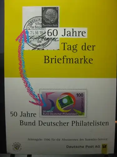 Stempelkarte, Erinnerungskarte , Gedenkblatt, Jahresgabe 60 Jahre Tag der Briefmarke 1996