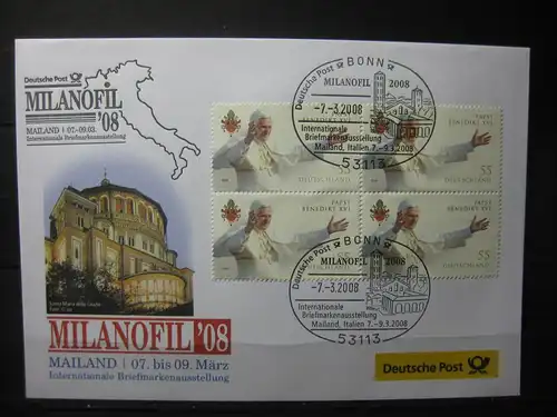 Messebrief, Ausstellungsbrief Deutsche Post: Internationale Briefmarken-Ausstellung  Milanofil 08, Mailand 2008