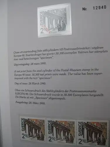 Schweden CEPT EUROPA-UNION 1990, Folder des Postmuseum mit Schwarzdruck SPECIMEN