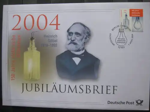 Jubiläumsbrief Deutsche Post: 150 Jahre elektrische Glühbirne, Heinrich Göbel, 2004