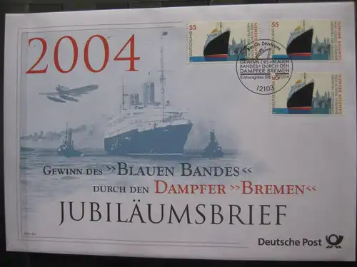 Jubiläumsbrief Deutsche Post: Gewinn des Blauen Bandes - Dampfer Bremen, 2004