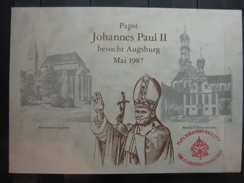 Gedenkblatt  Erinnerungsblatt Papst Johannes Paul II 1987 in Augsburg