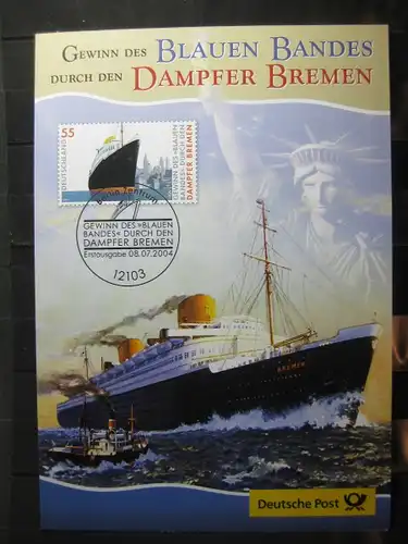 Gedenkblatt  Erinnerungsblatt der Deutsche Post: Gewinn des Blauen Bandes Dampfer Bremen, 2004