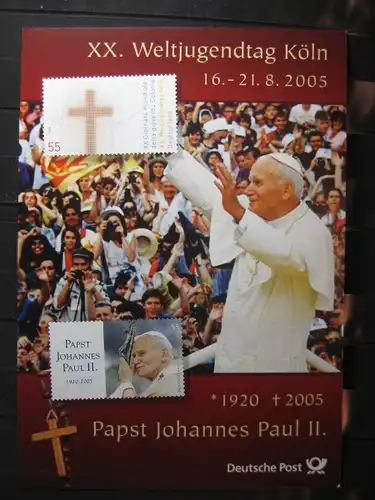 Gedenkblatt  Erinnerungsblatt der Deutsche Post: Weltjugendtag Köln, Johannes Paul II., 2005