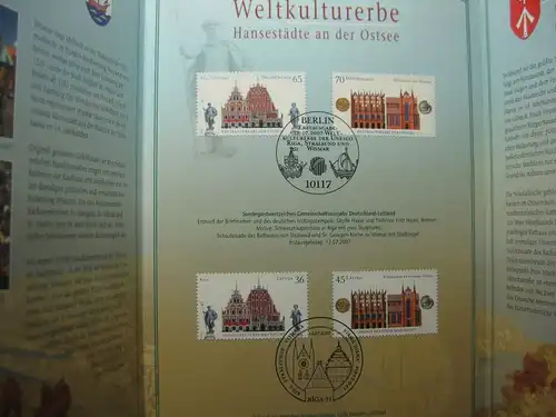 Gedenkblatt  Erinnerungsblatt der Deutsche Post: Weltkulturerbe der UNESCO, Stralsund, Wismar, Riga, 2007