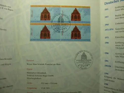 Gedenkblatt  Erinnerungsblatt der Deutsche Post: 750 Jahre Katharinenklosterl, 50 Jahre Deutsches Meeresmuseum Stralsund, 2001