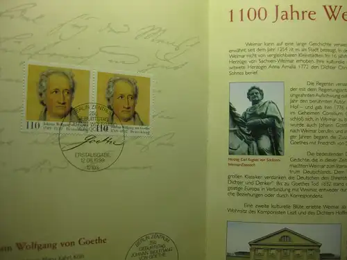 Gedenkblatt  Erinnerungsblatt der Deutsche Post: 1100 Jahre Weimar, 250. Geburtstag Goethes, 1999