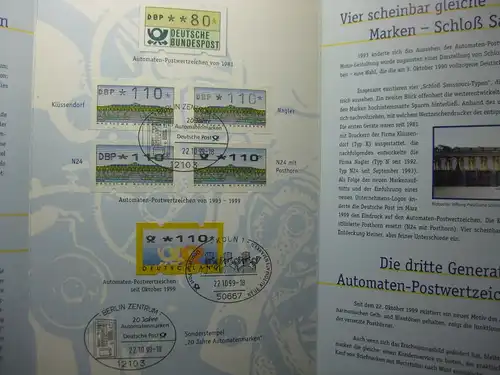 Gedenkblatt  Erinnerungsblatt der Deutsche Post: 20 Jahre Automatenmarken, 1999