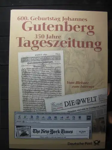 Gedenkblatt  Erinnerungsblatt der Deutsche Post: 600. Geburtstag Johannes Gutenberg, 350 Jahre Tageszeitung, 2000