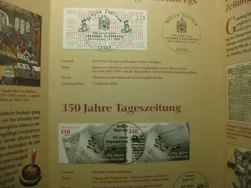 Gedenkblatt  Erinnerungsblatt der Deutsche Post: 600. Geburtstag Johannes Gutenberg, 350 Jahre Tageszeitung, 2000