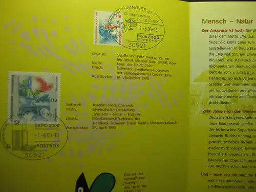 Gedenkblatt  Erinnerungsblatt der Deutsche Post: EXPO 2000