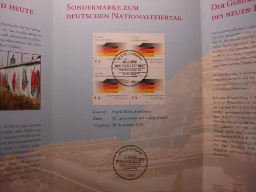 Gedenkblatt  Erinnerungsblatt der Deutsche Post: 10 Jahre Deutsche Einheit, 2000