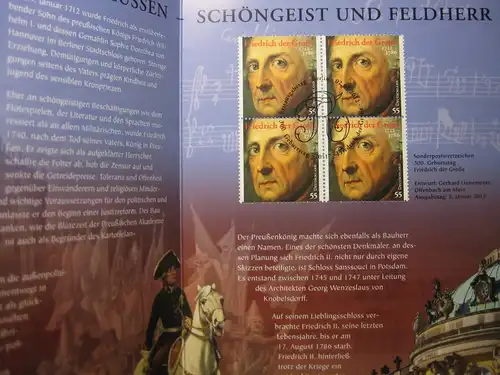 Gedenkblatt  Erinnerungsblatt der Deutsche Post: 300. Geburtstag Friedrich der Große, 2012