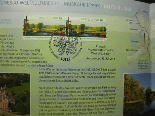 Gedenkblatt  Erinnerungsblatt der Deutsche Post: UNESCO-Welterbe Muskauer Park, 2012